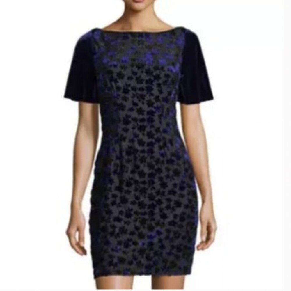 T Tahari | Blue and Black Velvet Floral Shimmery Dress Size Small